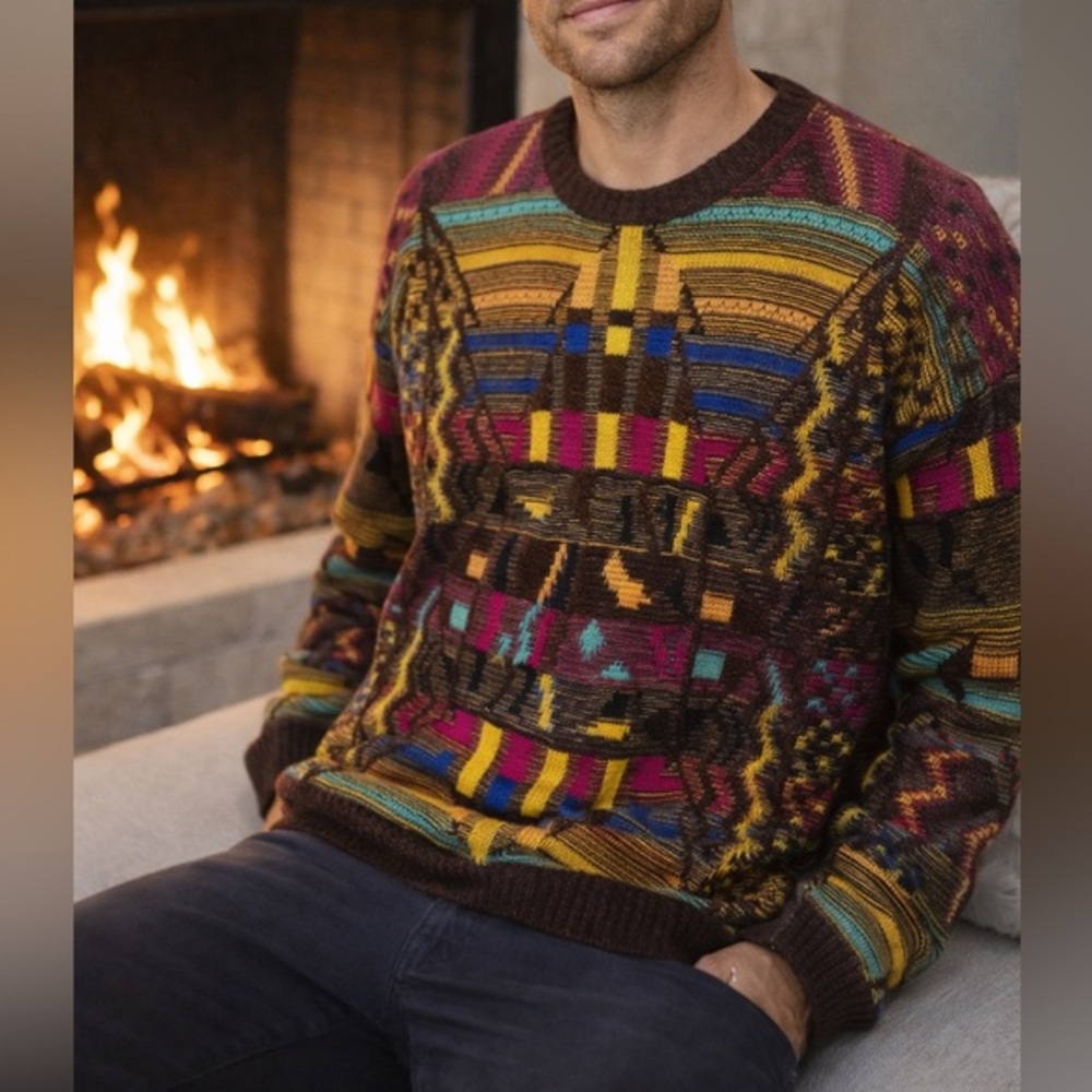 Mark Shale Italy Wool Blend Sweater 52/L Vintage Coogi Style Multicolor crewneck